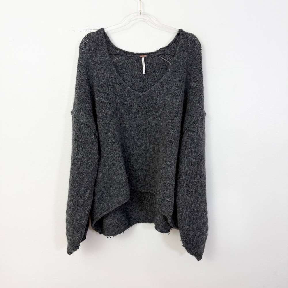 Free People Charcoal Gray Oversized V-Neck Alpaca Wool Sweater XL